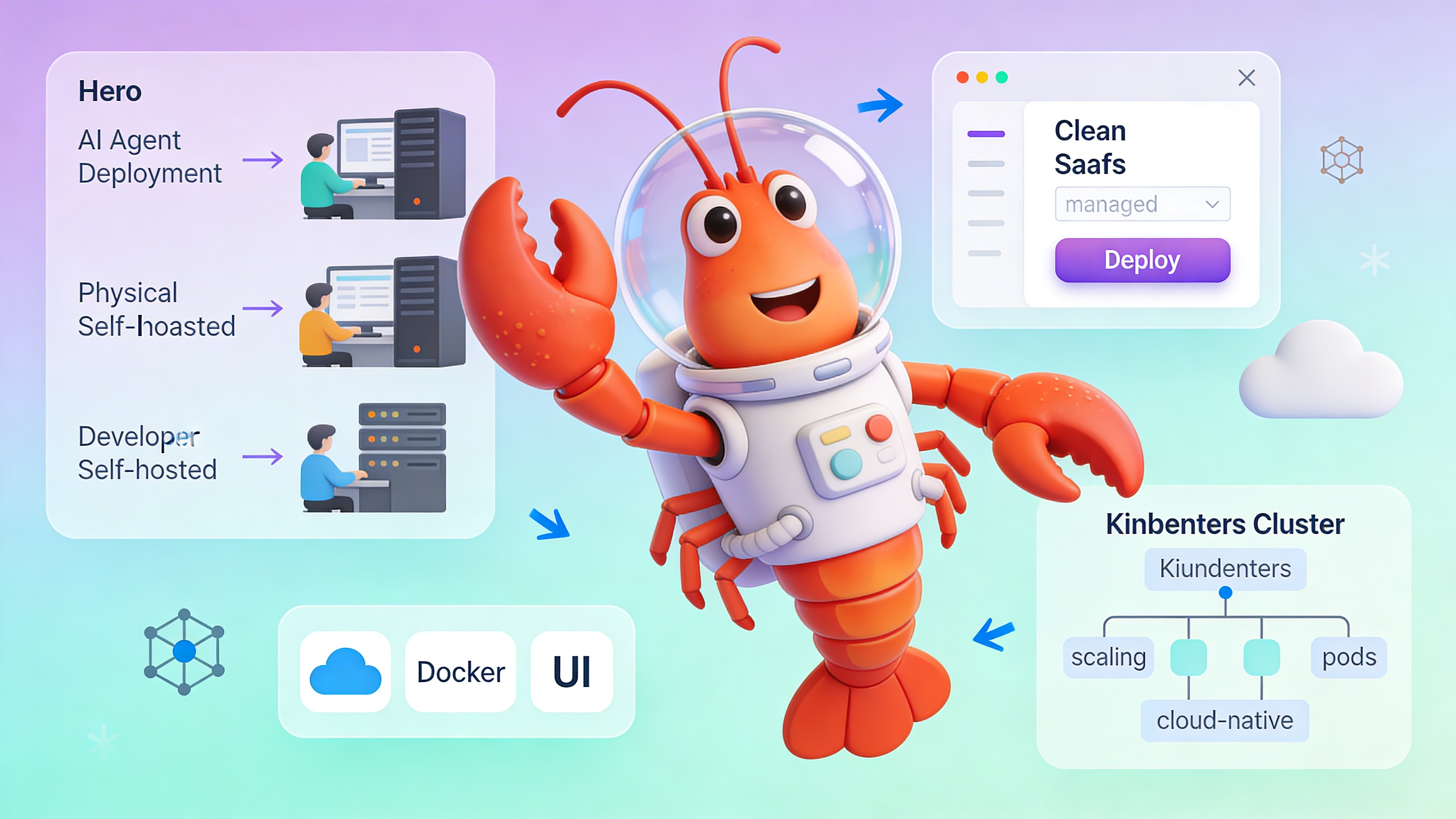 Three AI agent deployment paths: self-hosted server rack, managed SaaS dashboard, and cloud-native Kubernetes cluster