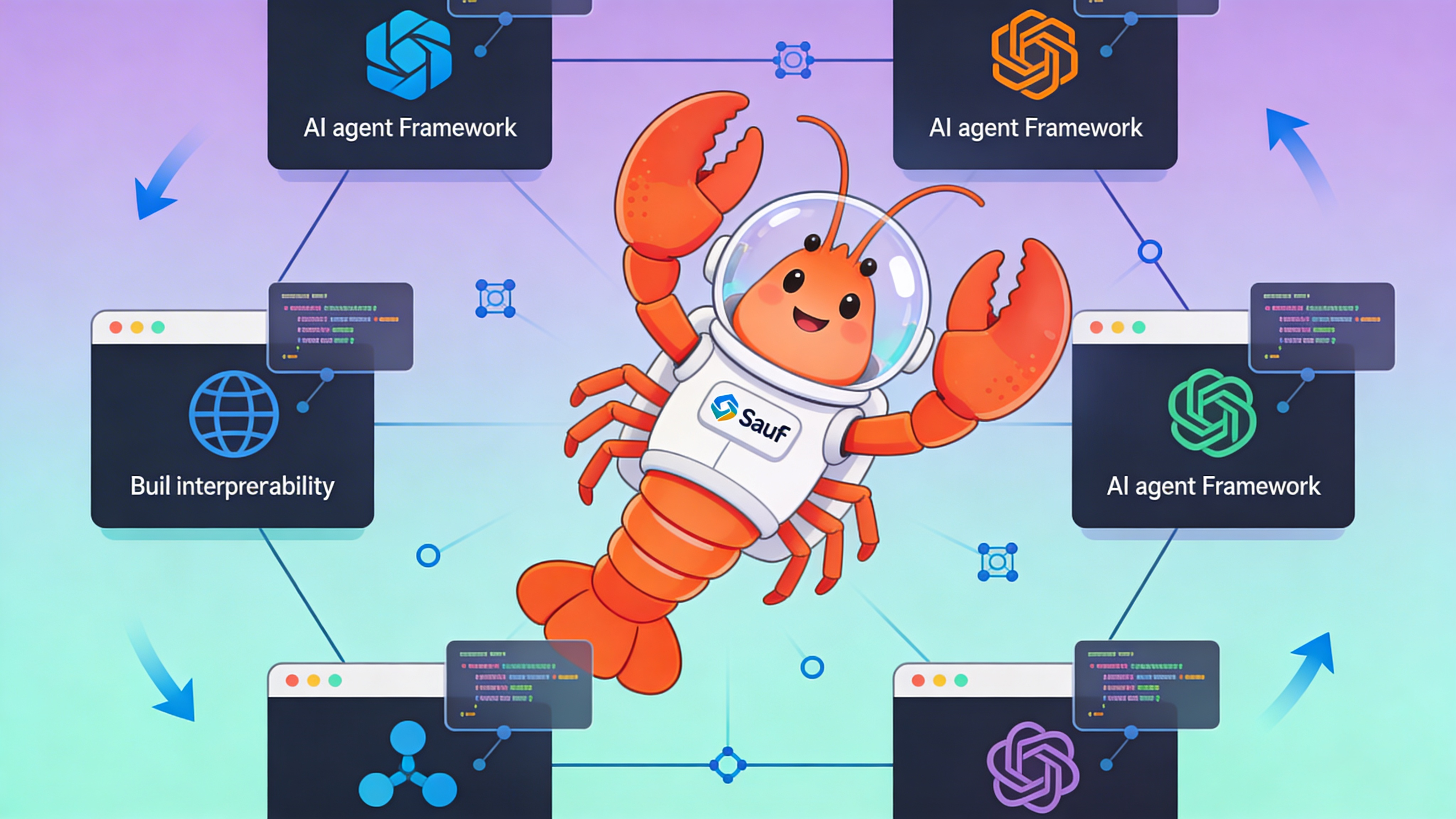 Hero illustration showing AI agent frameworks as building blocks with code snippets floating around them