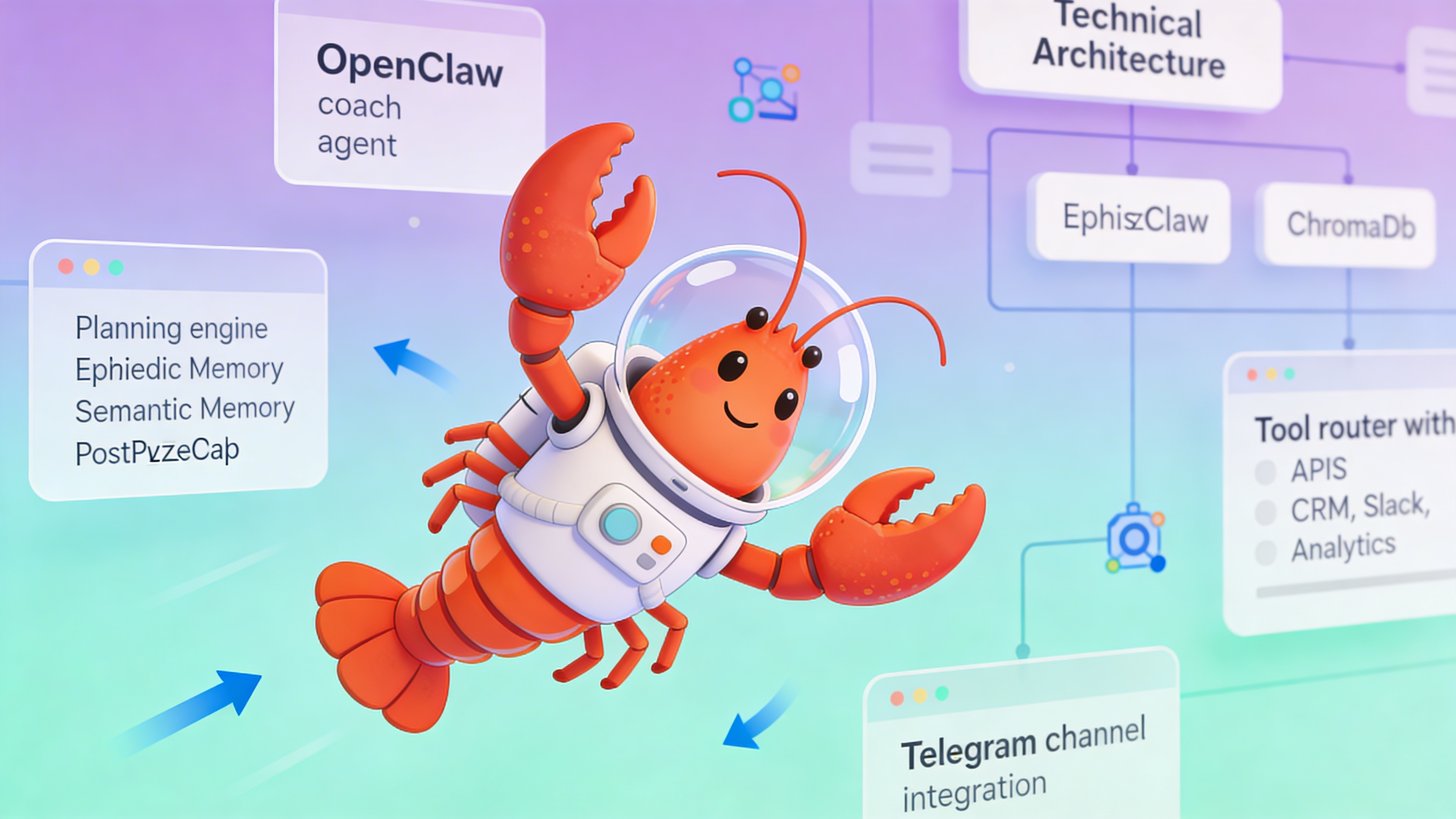 OpenClaw coach agent technical architecture diagram showing planning engine, memory layers, tool router, and Telegram channel integration