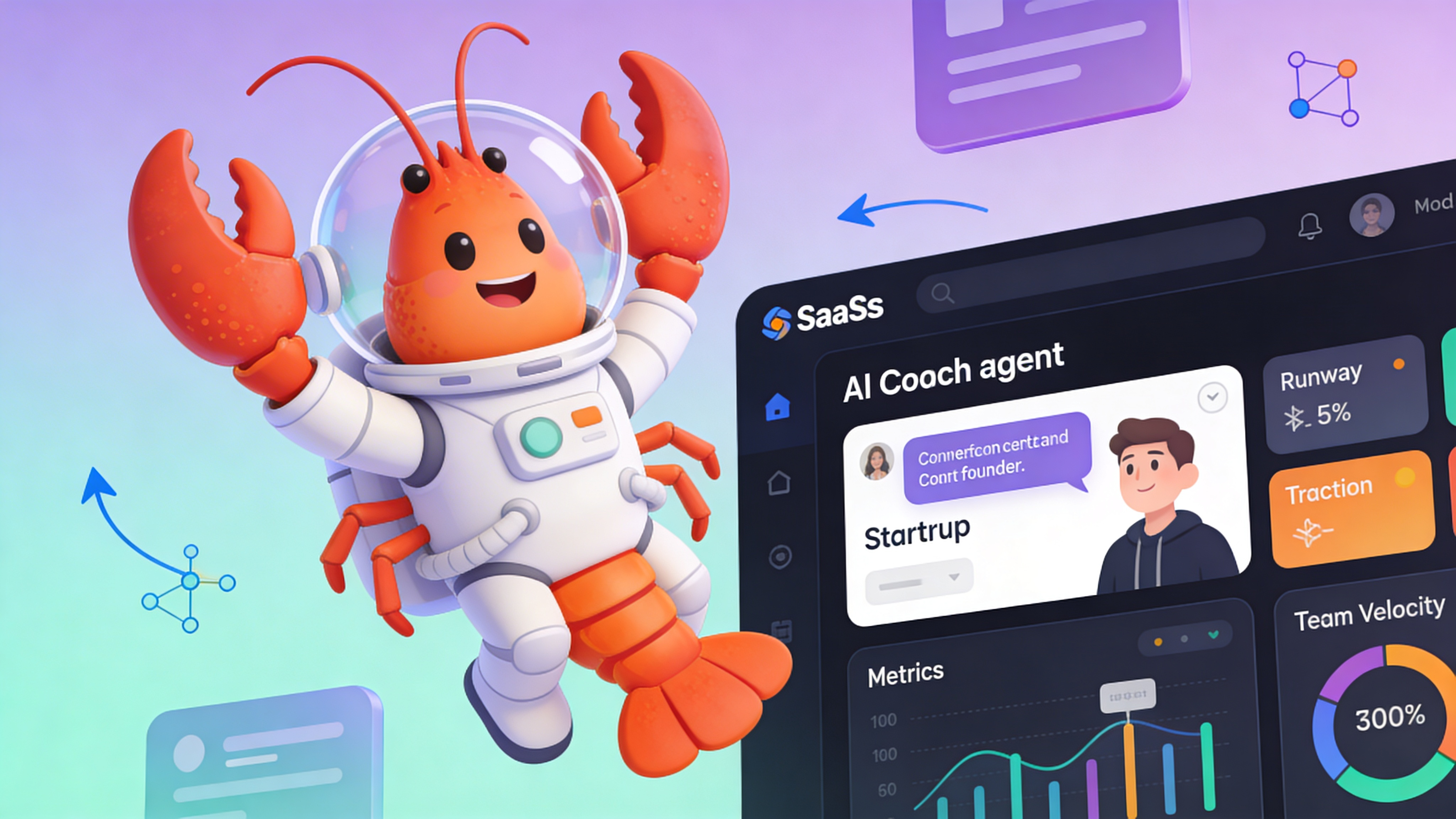 AI coach agent dashboard showing startup metrics, conversation threads, and actionable recommendations