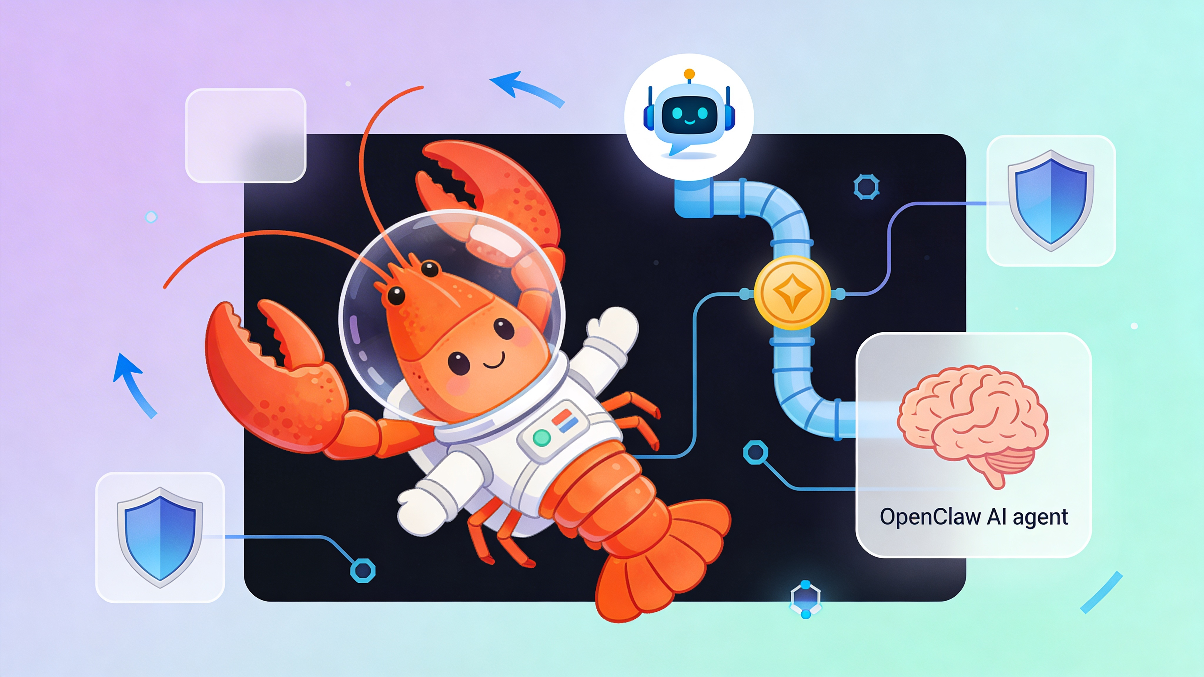 Hero illustration showing Telegram bot API connecting to OpenClaw LLM agent infrastructure with secure token flow