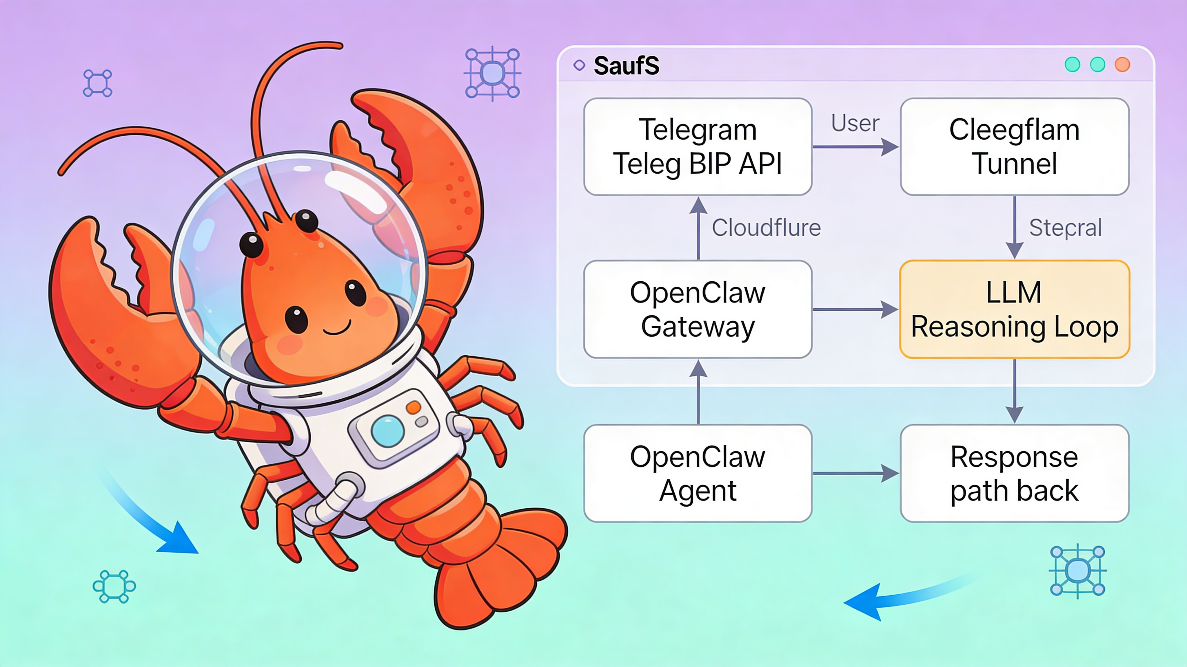 OpenClaw Telegram gateway architecture diagram showing message flow from user to LLM